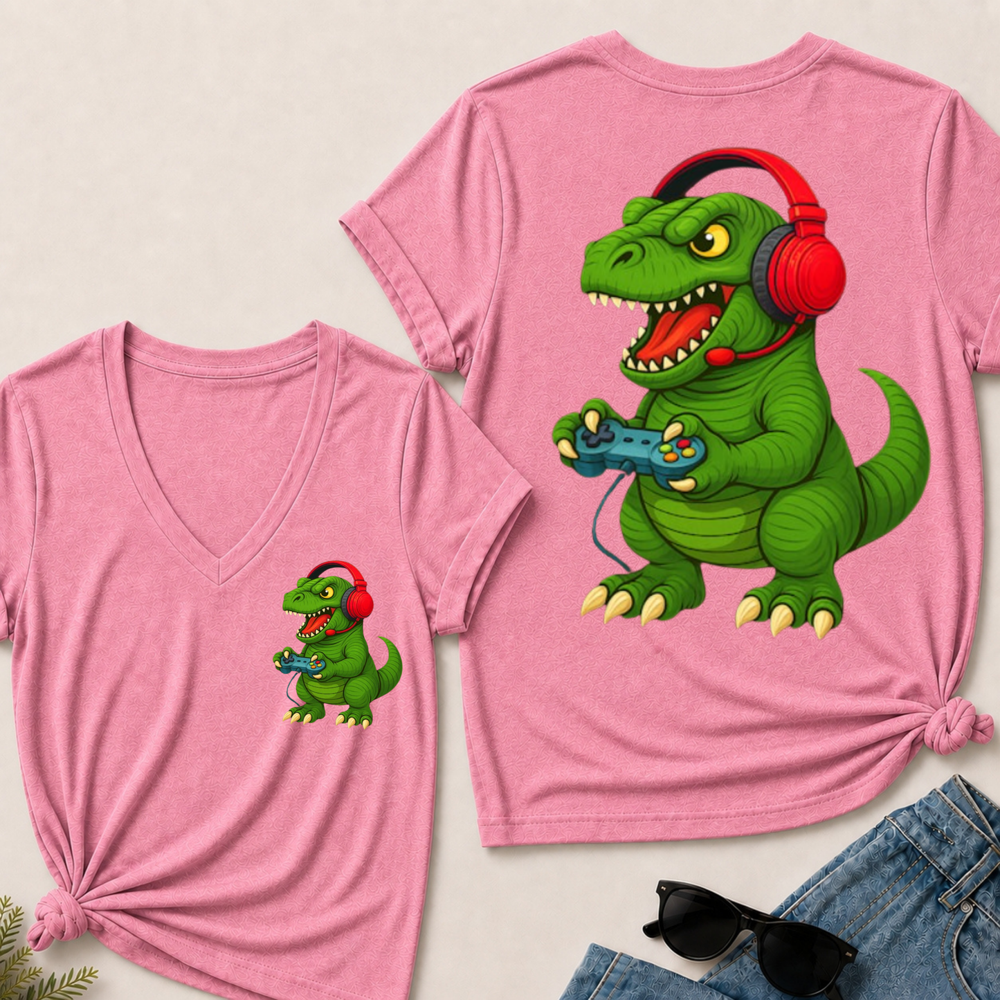 Gamer T Rex Dinosaur Video Games Boys Teen Funny Gift Gaming V-Neck T-Shirt