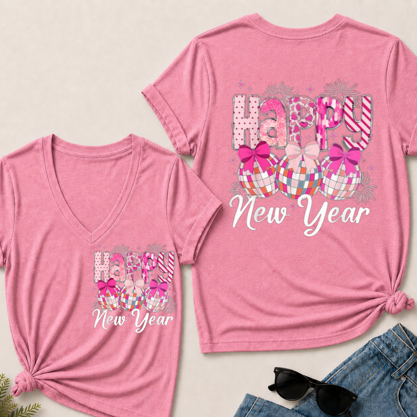 Happy New Year 2026 Disco Ball Bow New Year's Eve Party V-Neck T-Shirt