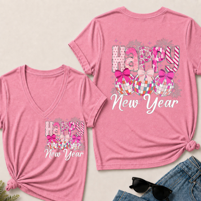 Happy New Year 2026 Disco Ball Bow New Year's Eve Party V-Neck T-Shirt