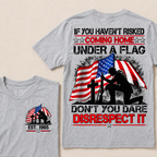 Custom Year Fallen Soldier Tribute Tee | Kneeling Warrior Rifle Cross Waving USA Flag Patriotic Double Sided Print Mens T-Shirt