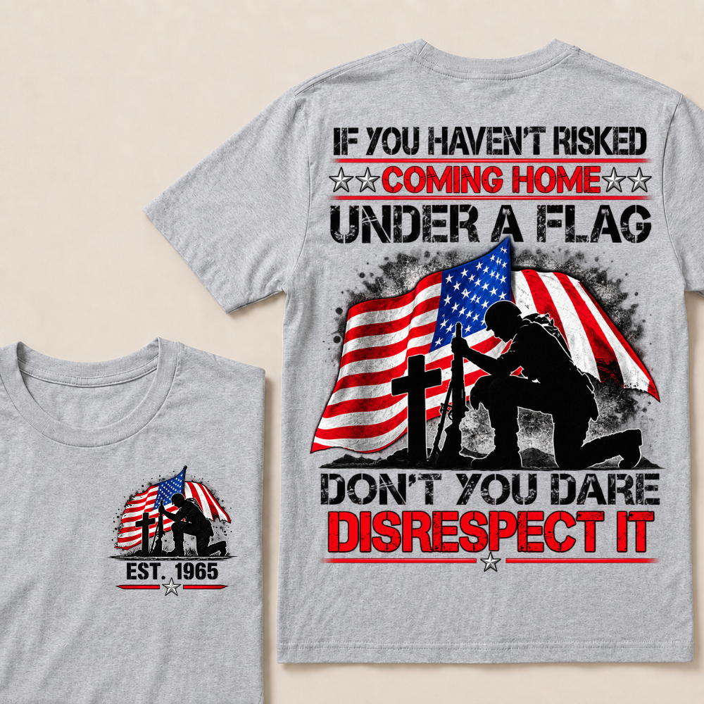 Custom Year Fallen Soldier Tribute Tee | Kneeling Warrior Rifle Cross Waving USA Flag Patriotic Double Sided Print Mens T-Shirt