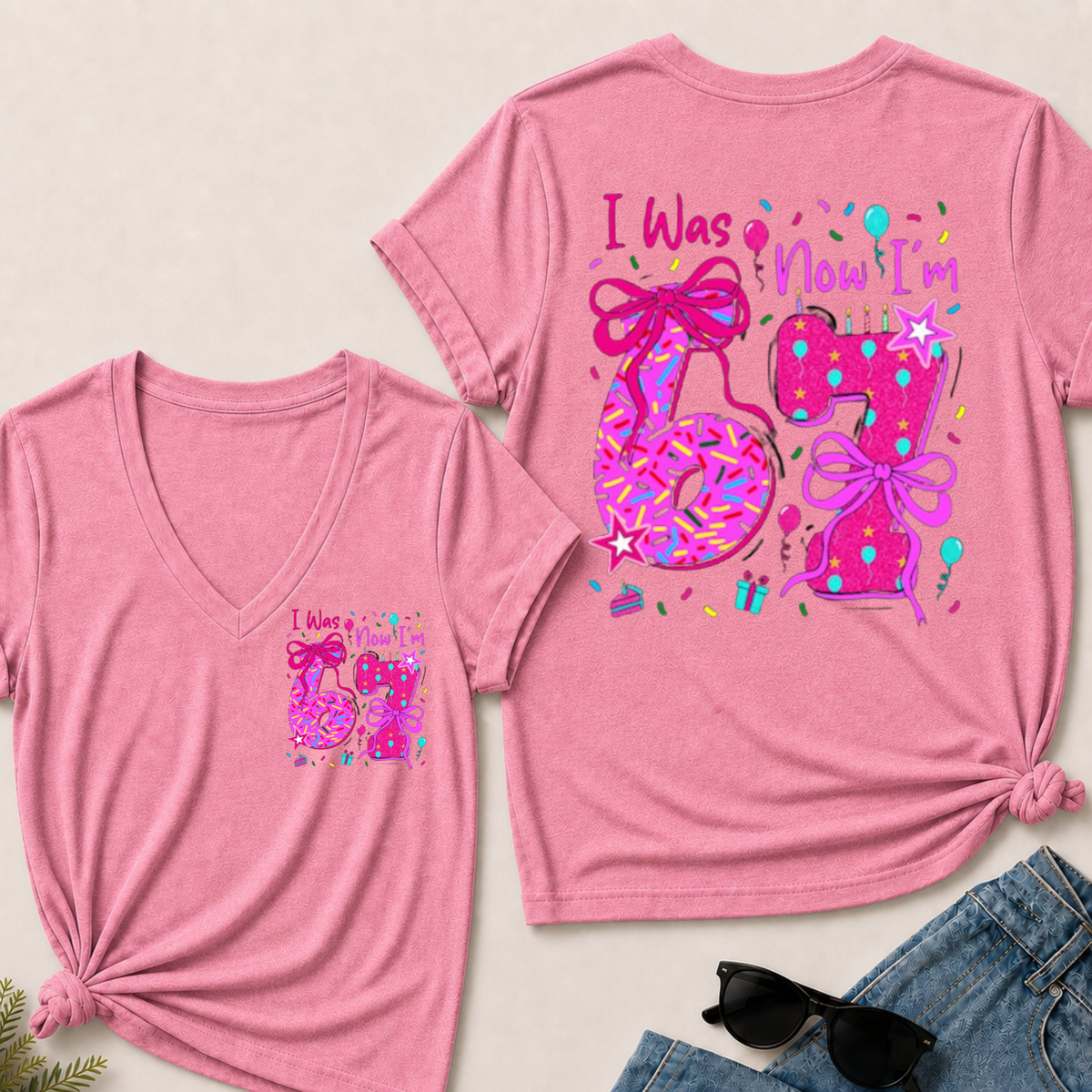 7th Birthday Girl I was 6 Now I'm 7 Year Old Girl Birthday V-Neck T-Shirt