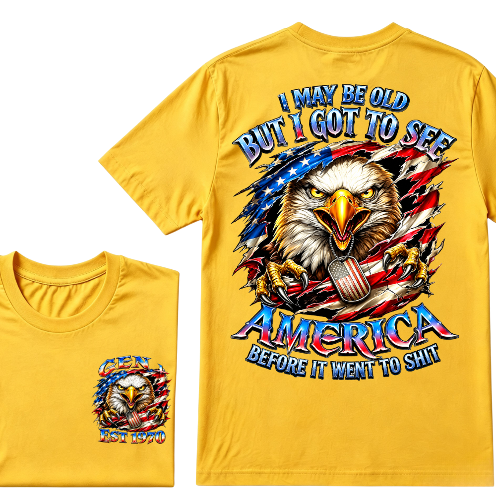 Customizable Birth Year Gen X Eagle Tee | Funny Patriotic Slogan T-Shirt Double Sided Print Torn American Flag Bald Eagle Dog Tag Top