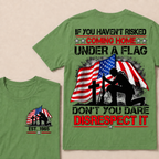 Custom Year Fallen Soldier Tribute Tee | Kneeling Warrior Rifle Cross Waving USA Flag Patriotic Double Sided Print Mens T-Shirt