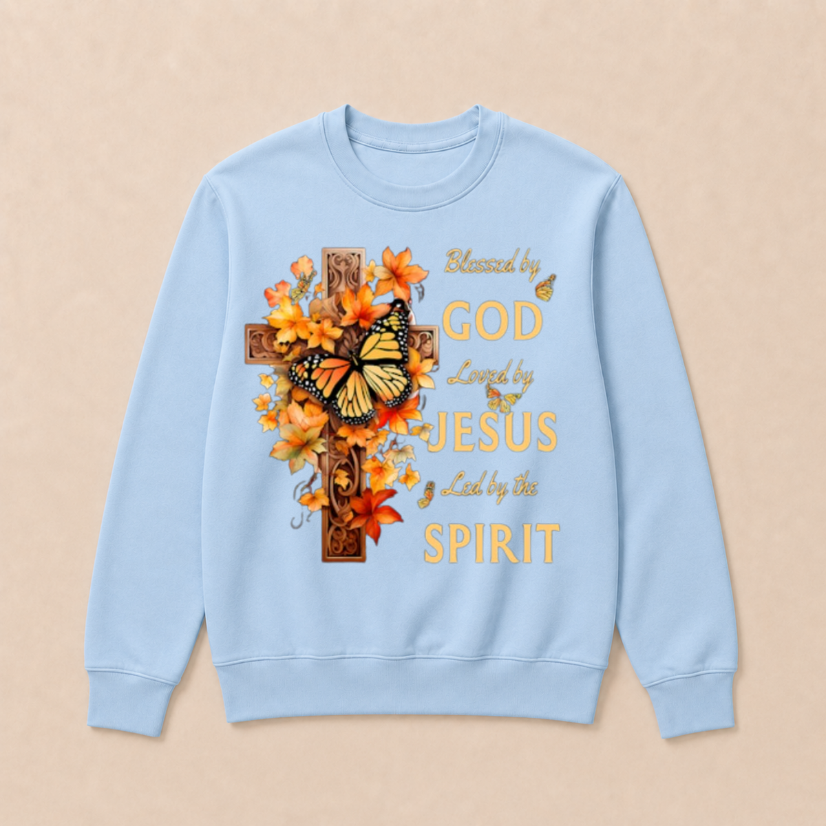 Blessed By God Loved By Jesus Fall Leaves Christian Cross Jesus God Christian Crewneck Sweatshirt