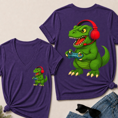 Gamer T Rex Dinosaur Video Games Boys Teen Funny Gift Gaming V-Neck T-Shirt
