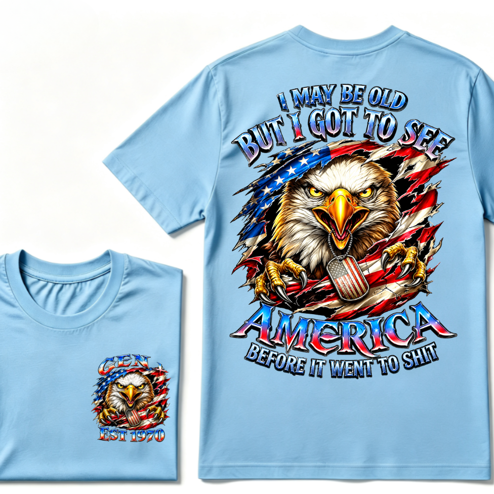 Customizable Birth Year Gen X Eagle Tee | Funny Patriotic Slogan T-Shirt Double Sided Print Torn American Flag Bald Eagle Dog Tag Top