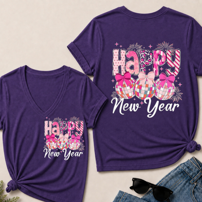 Happy New Year 2026 Disco Ball Bow New Year's Eve Party V-Neck T-Shirt