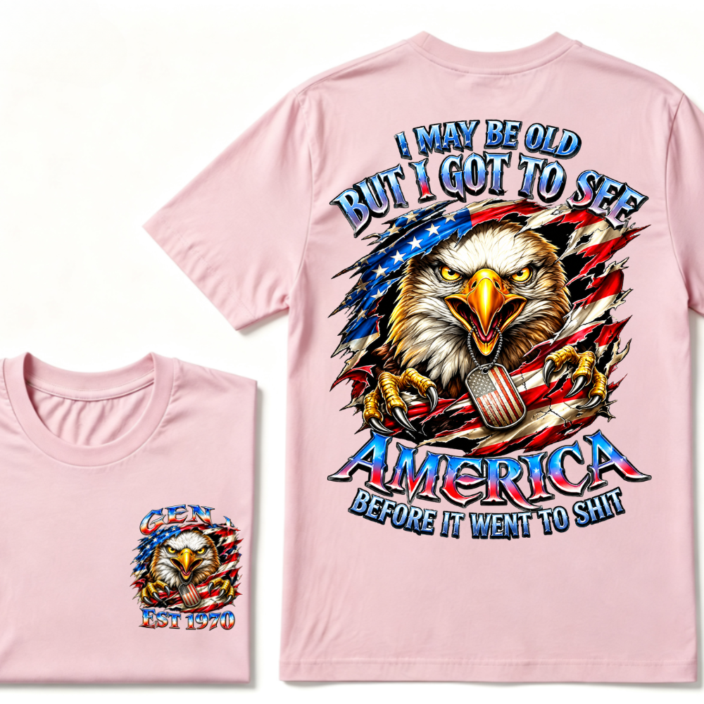 Customizable Birth Year Gen X Eagle Tee | Funny Patriotic Slogan T-Shirt Double Sided Print Torn American Flag Bald Eagle Dog Tag Top
