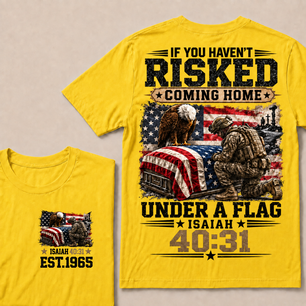 Custom Year Military Memorial Faith Tee | Kneeling Soldier Casket USA Flag Bald Eagle Isaiah 40:31 Double Sided Print Mens Patriotic T-Shirt