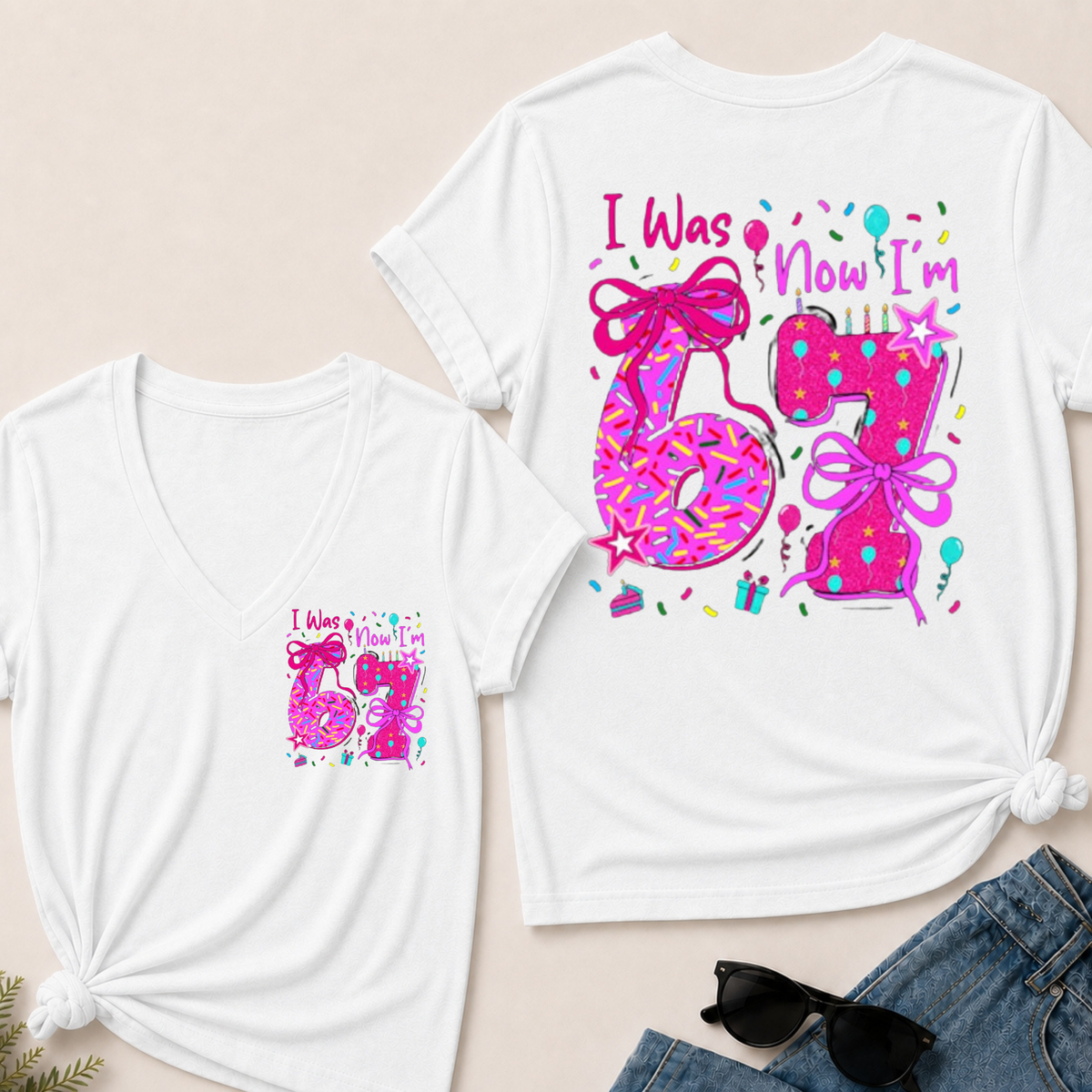 7th Birthday Girl I was 6 Now I'm 7 Year Old Girl Birthday V-Neck T-Shirt