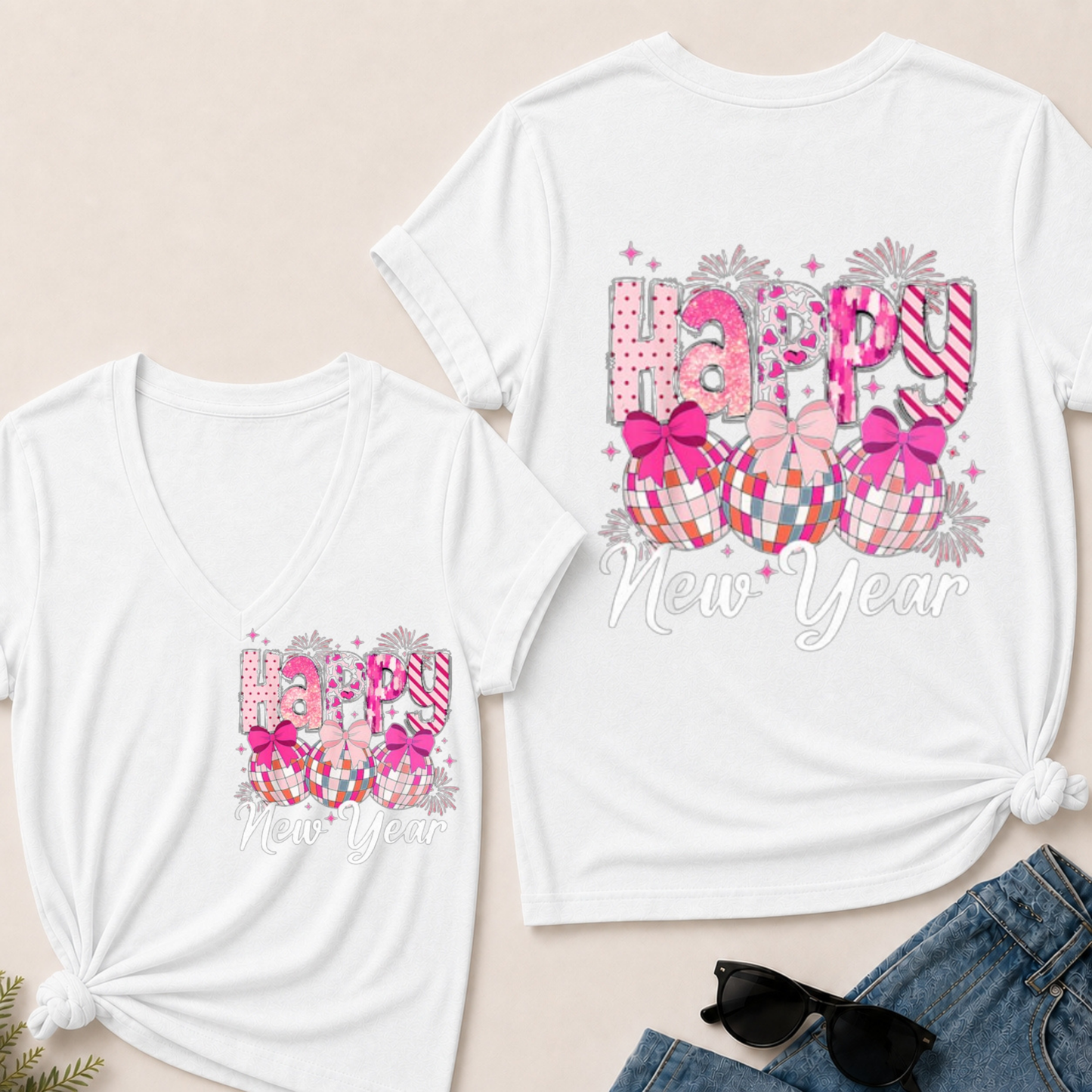 Happy New Year 2026 Disco Ball Bow New Year's Eve Party V-Neck T-Shirt