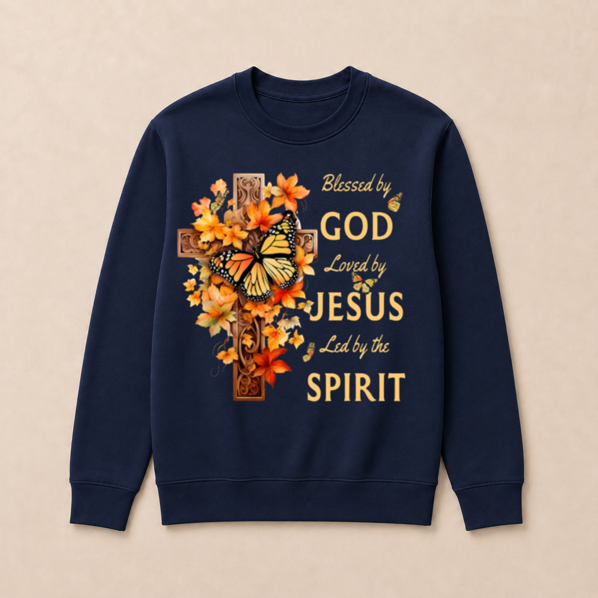 Blessed By God Loved By Jesus Fall Leaves Christian Cross Jesus God Christian Crewneck Sweatshirt
