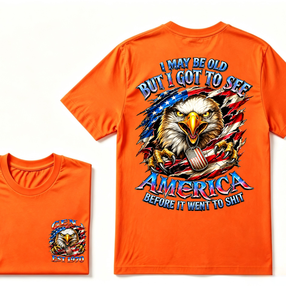 Customizable Birth Year Gen X Eagle Tee | Funny Patriotic Slogan T-Shirt Double Sided Print Torn American Flag Bald Eagle Dog Tag Top