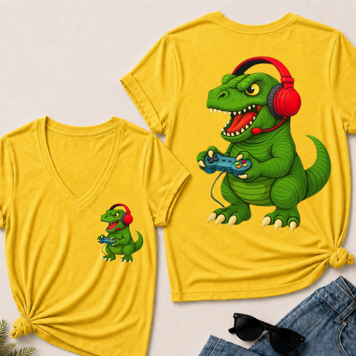 Gamer T Rex Dinosaur Video Games Boys Teen Funny Gift Gaming V-Neck T-Shirt