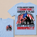 Custom Year Fallen Soldier Tribute Tee | Kneeling Warrior Rifle Cross Waving USA Flag Patriotic Double Sided Print Mens T-Shirt