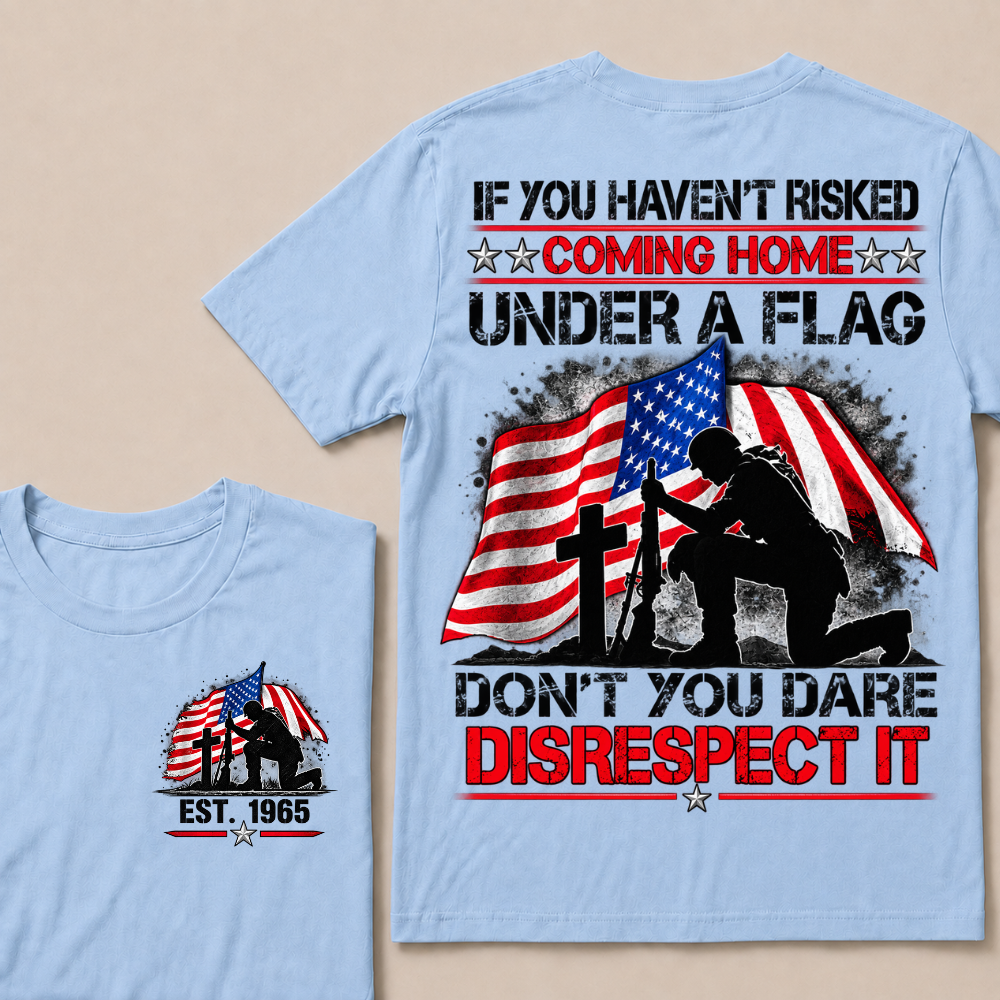 Custom Year Fallen Soldier Tribute Tee | Kneeling Warrior Rifle Cross Waving USA Flag Patriotic Double Sided Print Mens T-Shirt