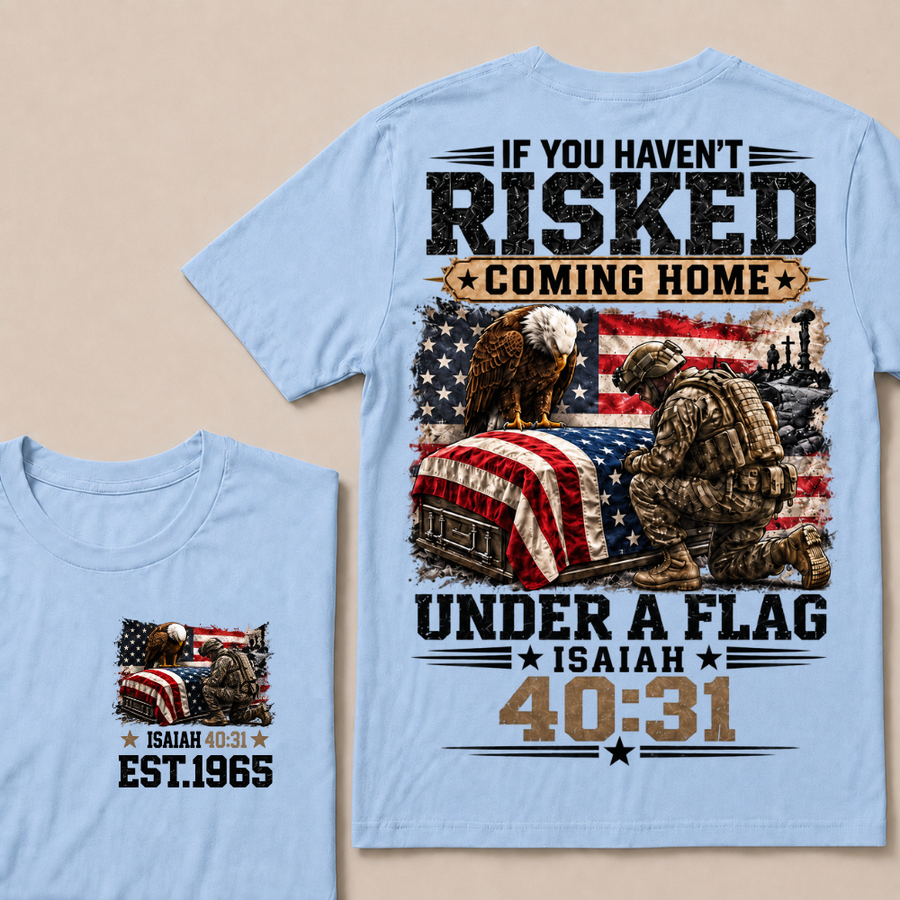Custom Year Military Memorial Faith Tee | Kneeling Soldier Casket USA Flag Bald Eagle Isaiah 40:31 Double Sided Print Mens Patriotic T-Shirt