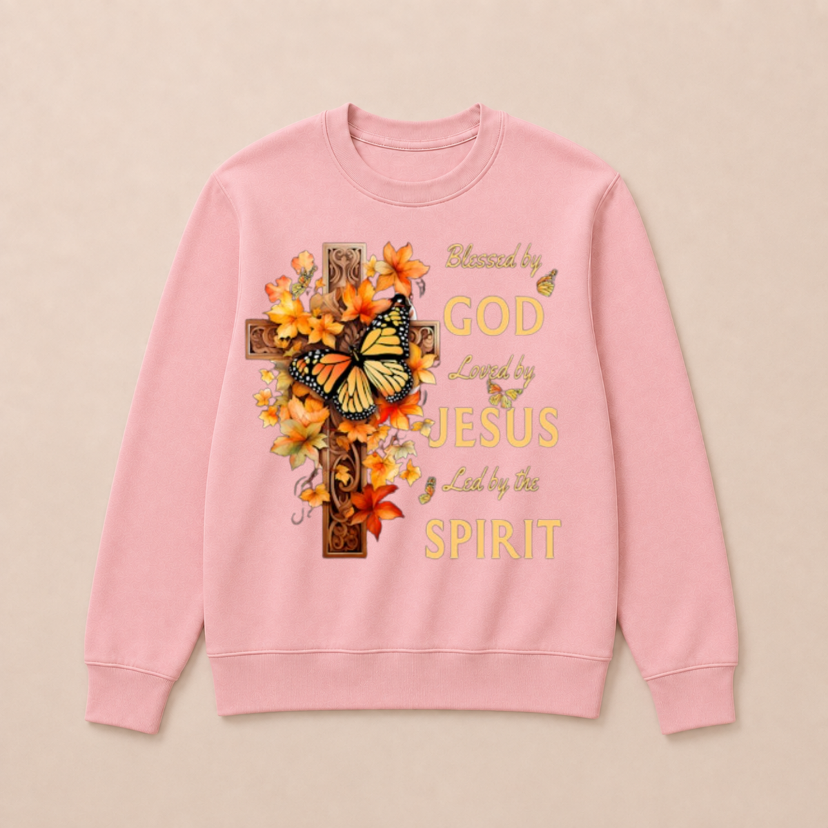 Blessed By God Loved By Jesus Fall Leaves Christian Cross Jesus God Christian Crewneck Sweatshirt